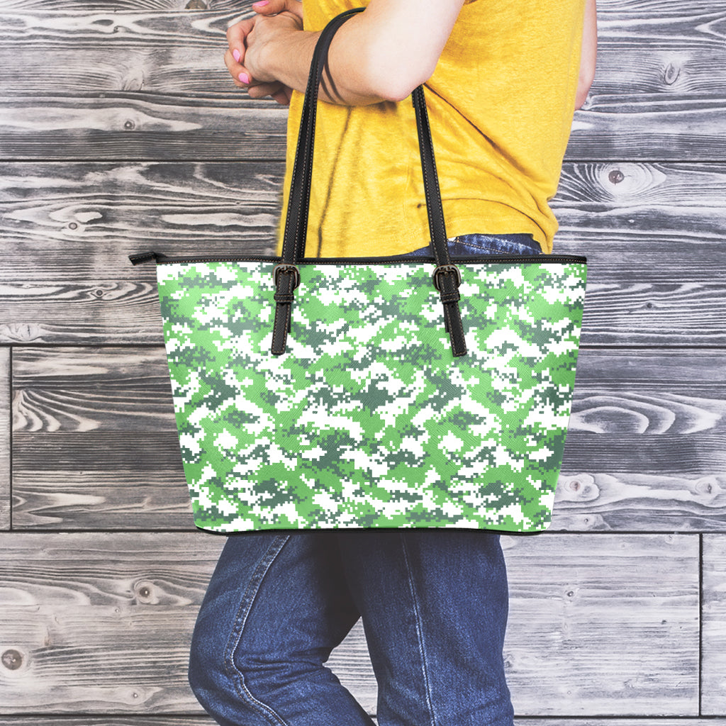 Green And White Digital Camo Print Leather Tote Bag