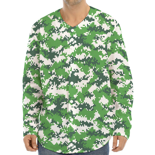 Green And White Digital Camo Print Long Sleeve Baseball Jersey