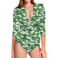 Green And White Digital Camo Print Long Sleeve Swimsuit