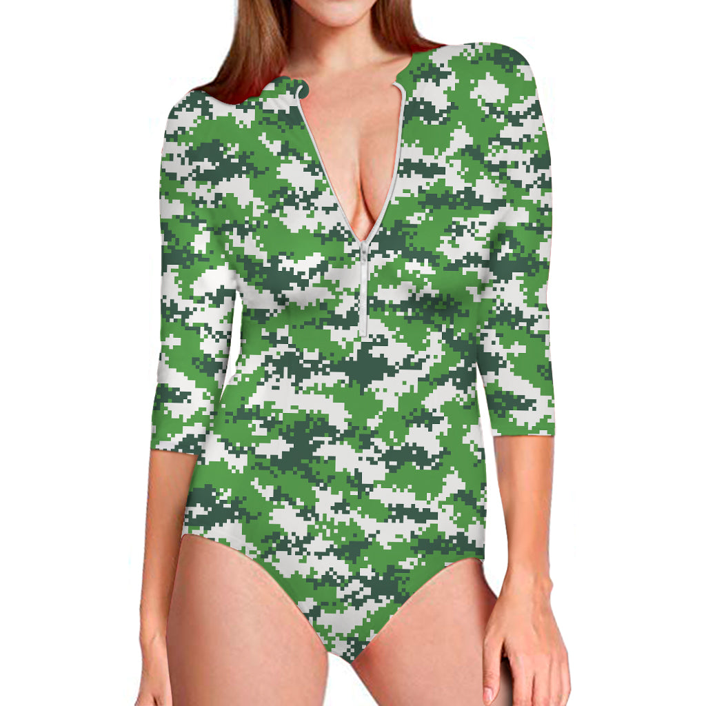 Green And White Digital Camo Print Long Sleeve Swimsuit