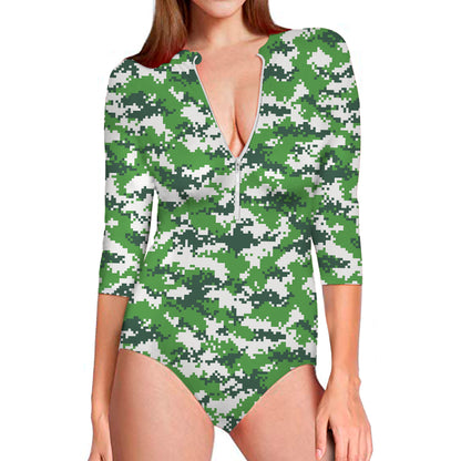 Green And White Digital Camo Print Long Sleeve Swimsuit