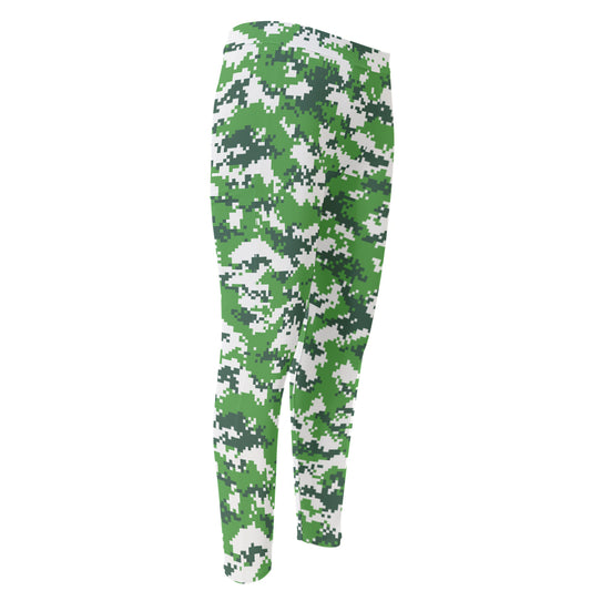 Green And White Digital Camo Print Men's Compression Pants