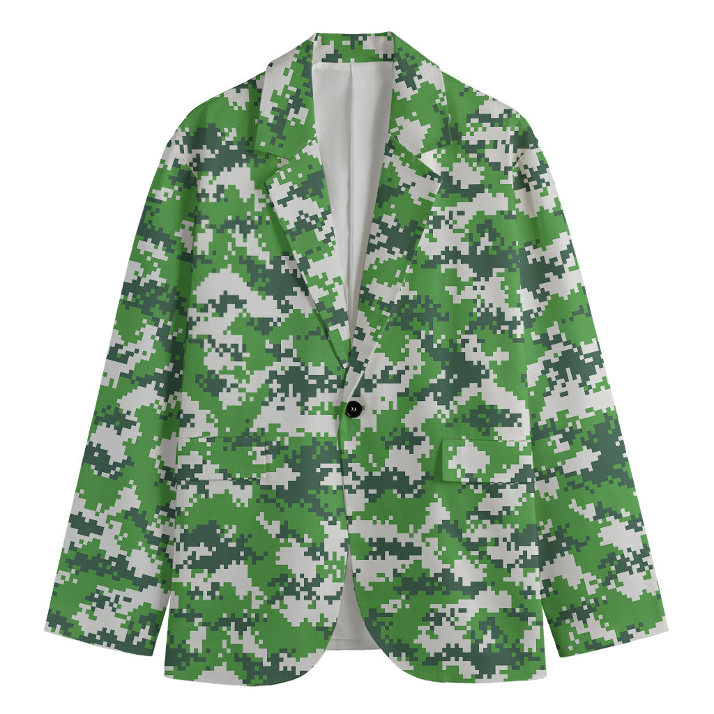 Green And White Digital Camo Print Men's Cotton Blazer