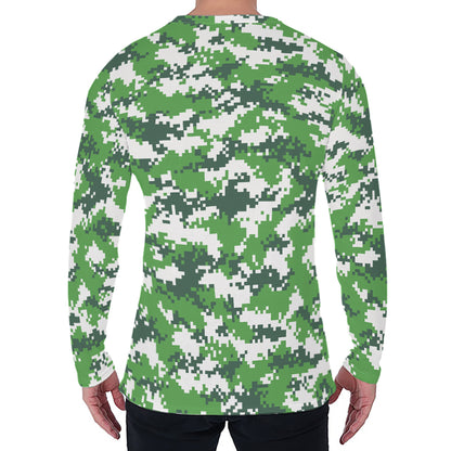 Green And White Digital Camo Print Men's Long Sleeve T-Shirt