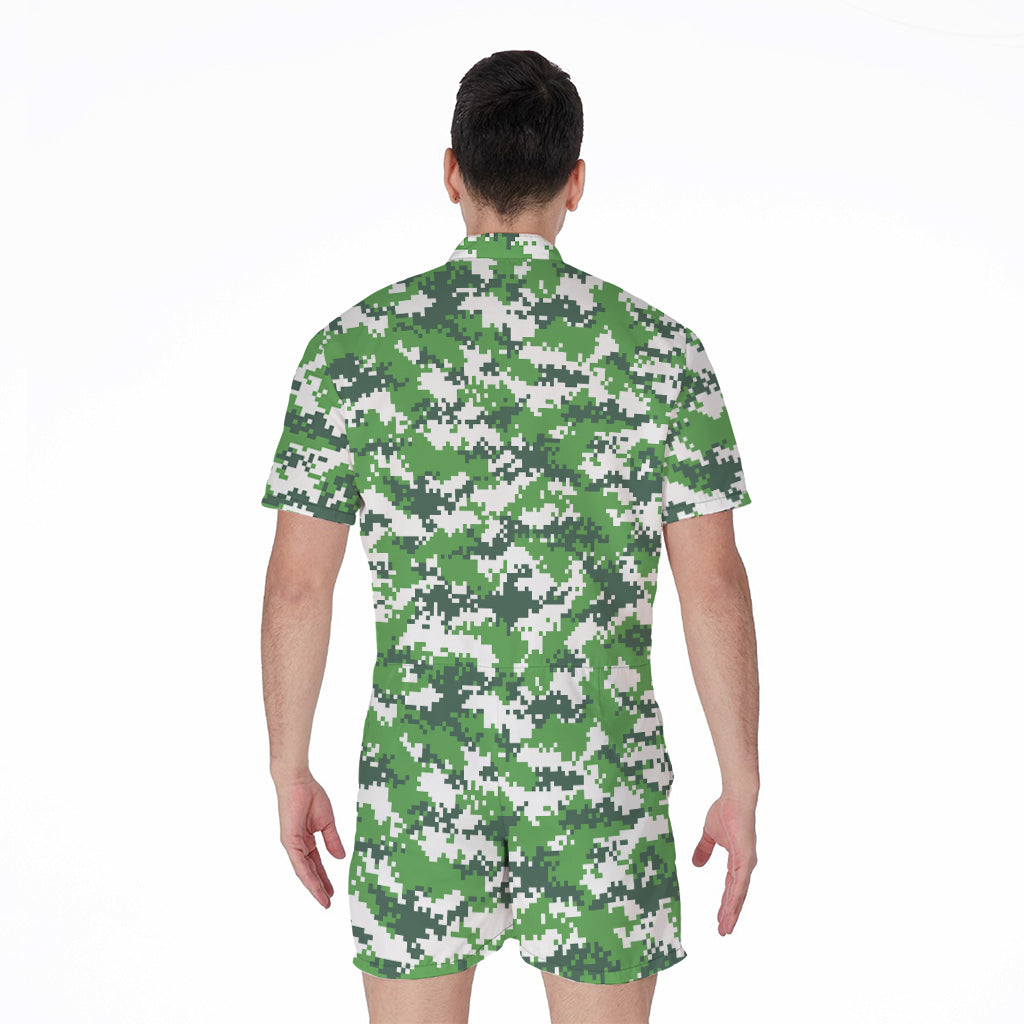 Green And White Digital Camo Print Men's Rompers