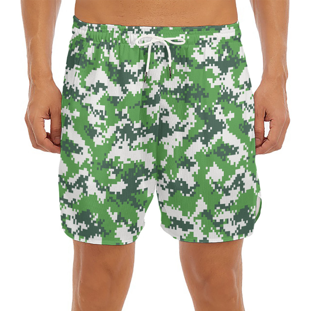 Green And White Digital Camo Print Men's Split Running Shorts