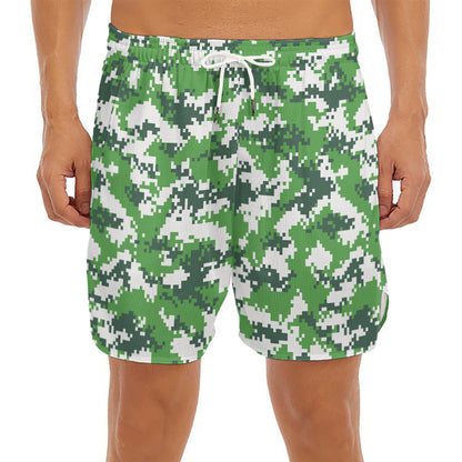 Green And White Digital Camo Print Men's Split Running Shorts