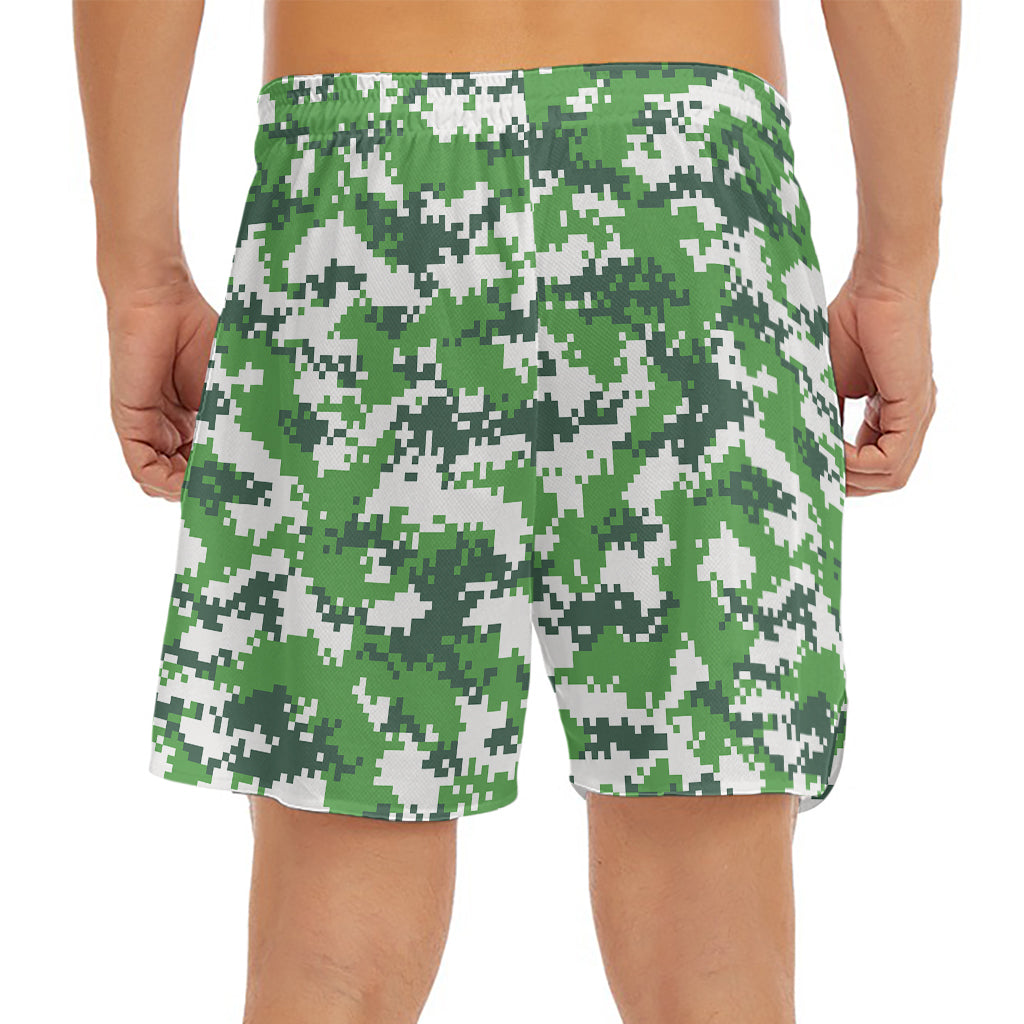 Green And White Digital Camo Print Men's Split Running Shorts