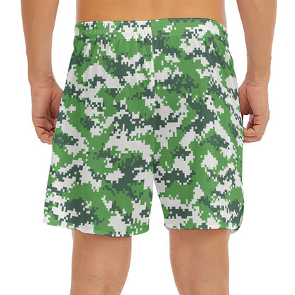 Green And White Digital Camo Print Men's Split Running Shorts