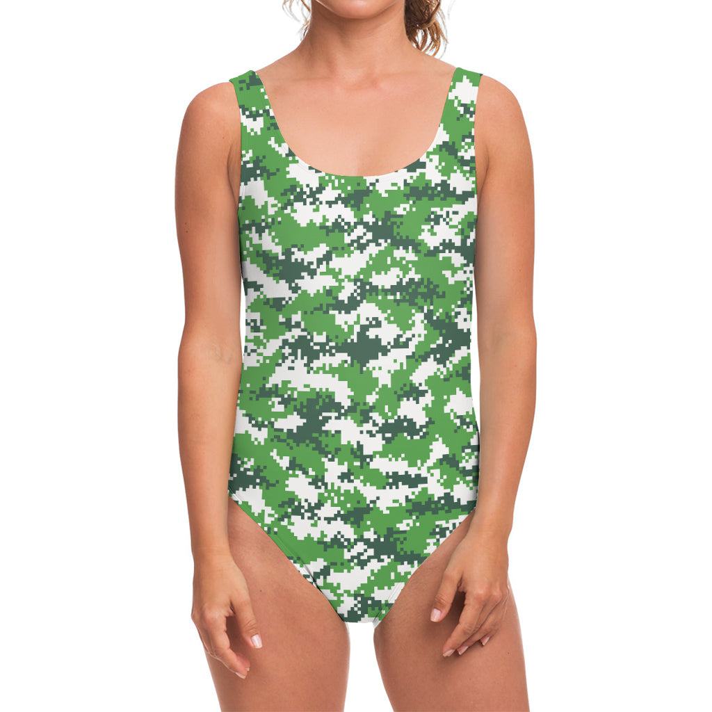 Green And White Digital Camo Print One Piece Swimsuit