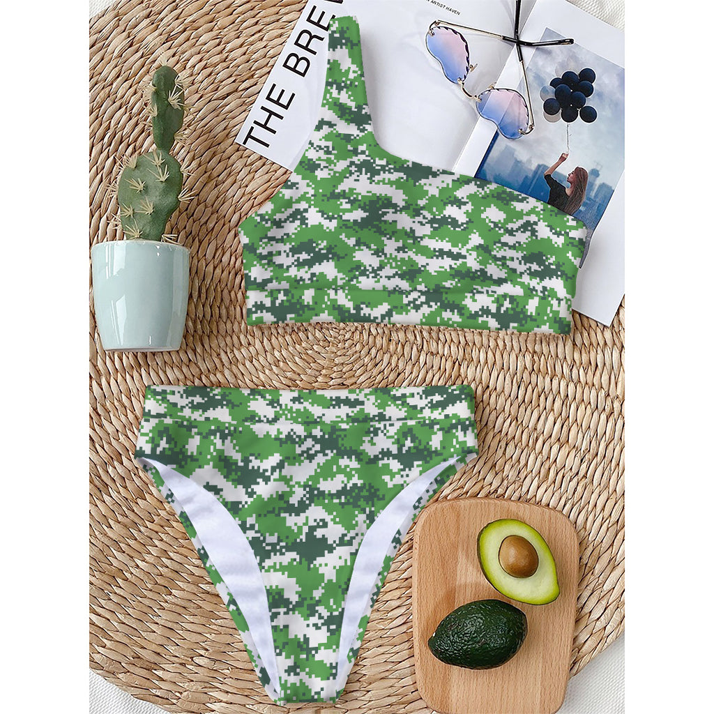 Green And White Digital Camo Print One Shoulder Bikini Top