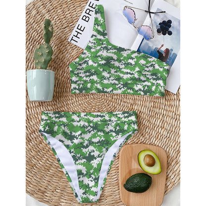 Green And White Digital Camo Print One Shoulder Bikini Top