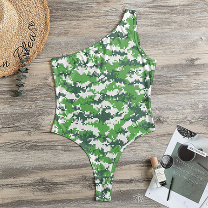 Green And White Digital Camo Print One Shoulder Bodysuit