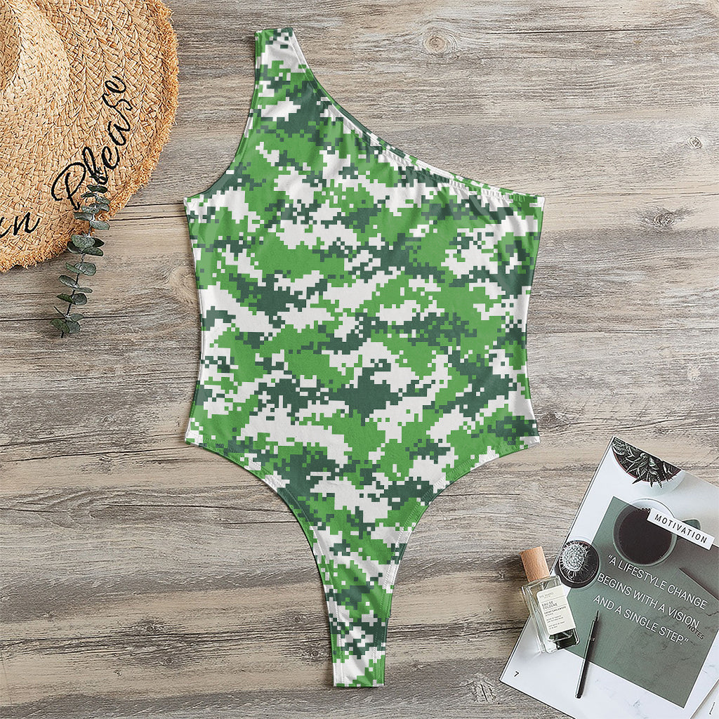Green And White Digital Camo Print One Shoulder Bodysuit