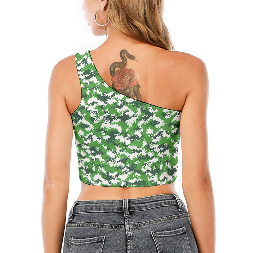 Green And White Digital Camo Print One Shoulder Crop Top