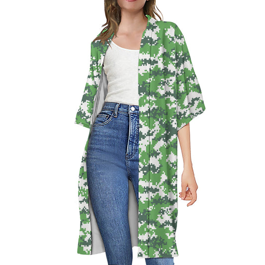 Green And White Digital Camo Print Open Front Beach Cover Up