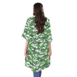 Green And White Digital Camo Print Open Front Beach Cover Up