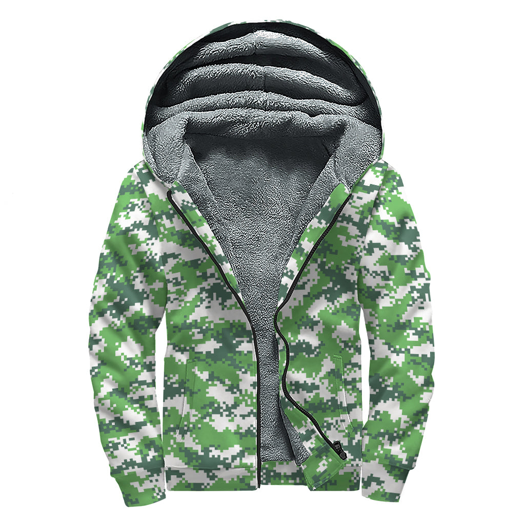 Green And White Digital Camo Print Sherpa Lined Zip Up Hoodie