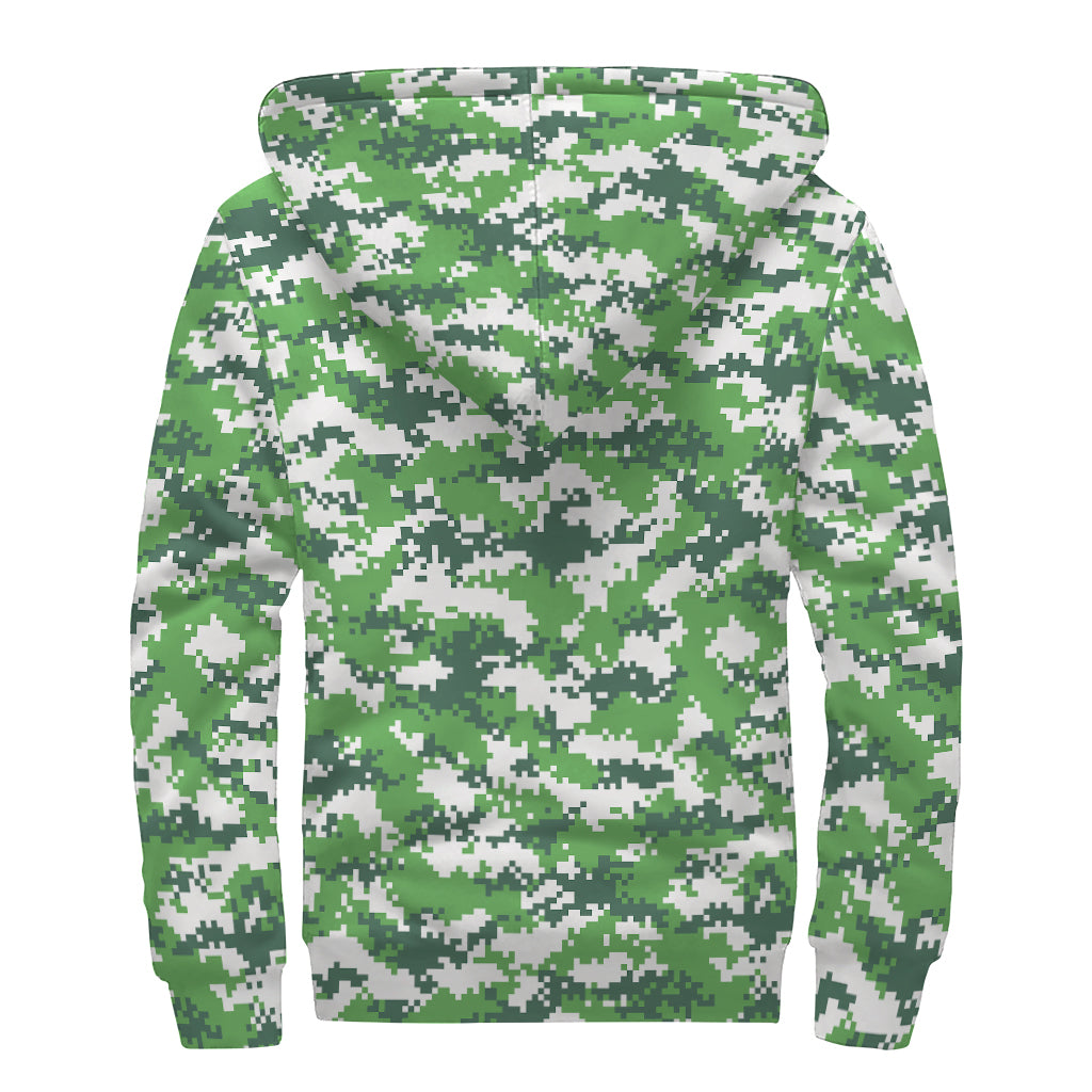 Green And White Digital Camo Print Sherpa Lined Zip Up Hoodie