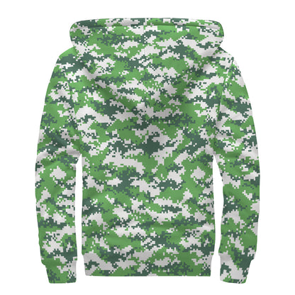 Green And White Digital Camo Print Sherpa Lined Zip Up Hoodie
