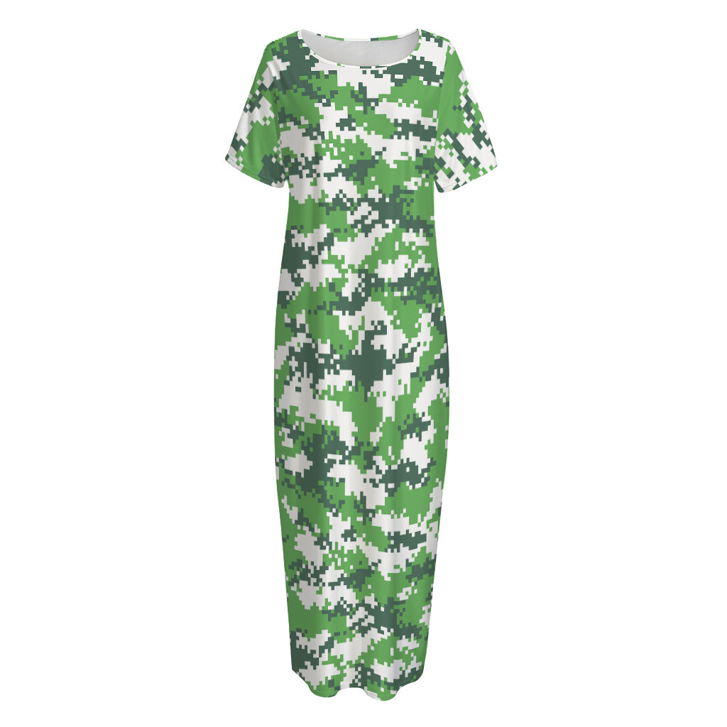 Green And White Digital Camo Print Short Sleeve Long Nightdress