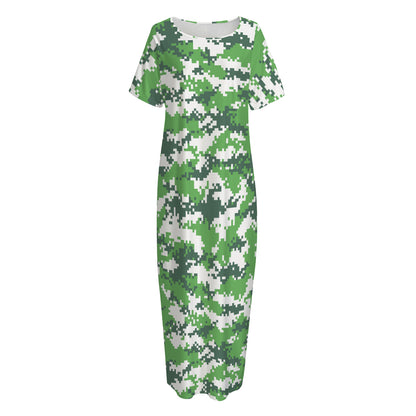 Green And White Digital Camo Print Short Sleeve Long Nightdress