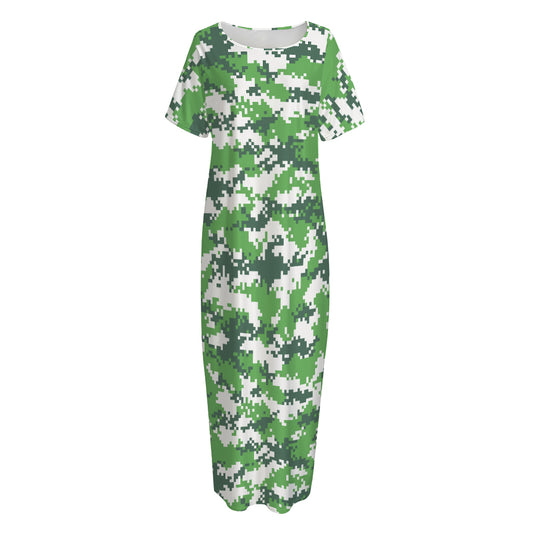 Green And White Digital Camo Print Short Sleeve Long Nightdress