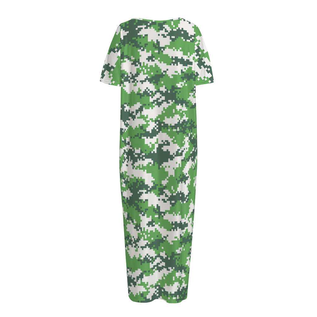 Green And White Digital Camo Print Short Sleeve Long Nightdress