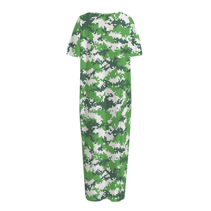 Green And White Digital Camo Print Short Sleeve Long Nightdress