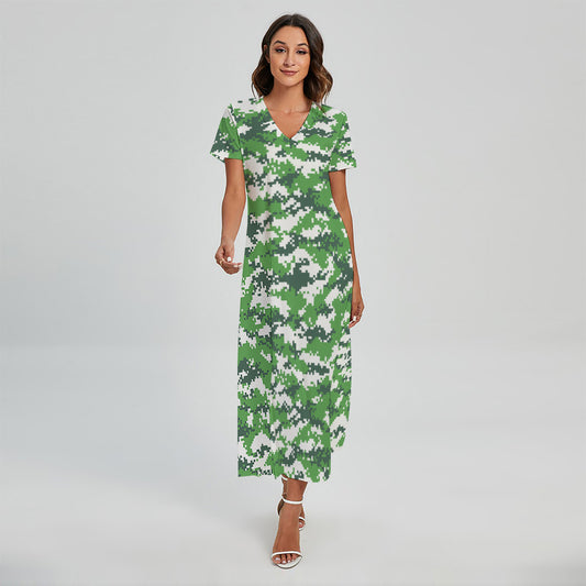 Green And White Digital Camo Print Short Sleeve Maxi Dress