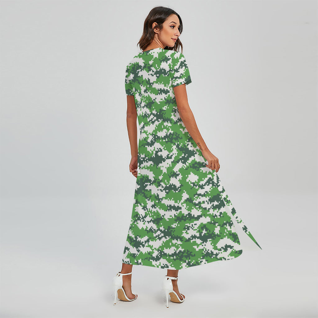 Green And White Digital Camo Print Short Sleeve Maxi Dress