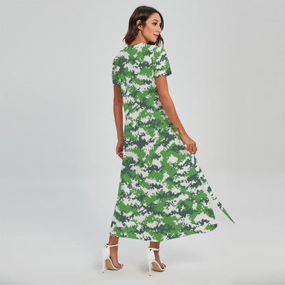 Green And White Digital Camo Print Short Sleeve Maxi Dress
