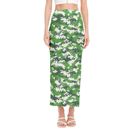 Green And White Digital Camo Print Side Slit Maxi Skirt