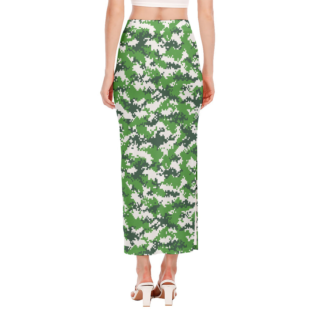 Green And White Digital Camo Print Side Slit Maxi Skirt