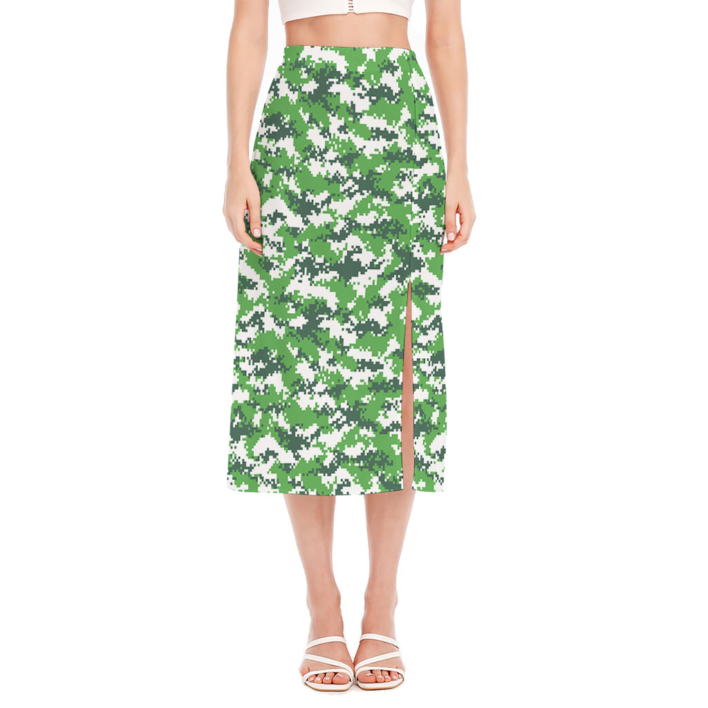Green And White Digital Camo Print Side Slit Midi Skirt