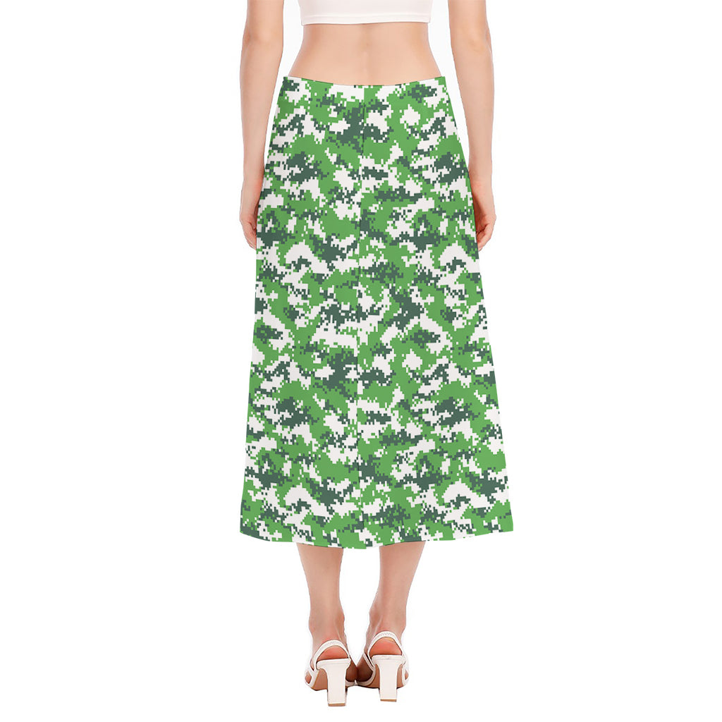 Green And White Digital Camo Print Side Slit Midi Skirt