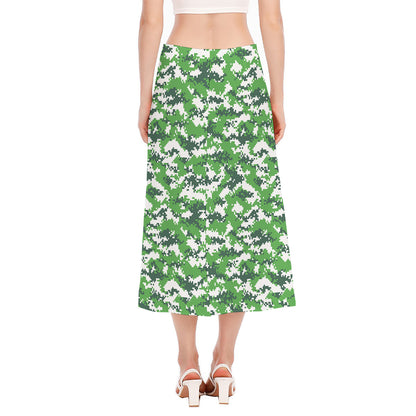 Green And White Digital Camo Print Side Slit Midi Skirt