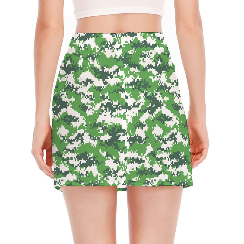 Green And White Digital Camo Print Side Slit Mini Skirt