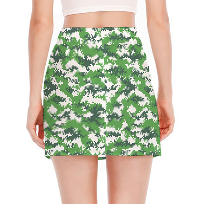 Green And White Digital Camo Print Side Slit Mini Skirt