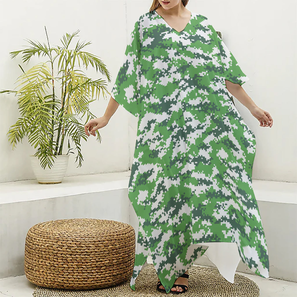 Green And White Digital Camo Print Silk V-Neck Kaftan Dress