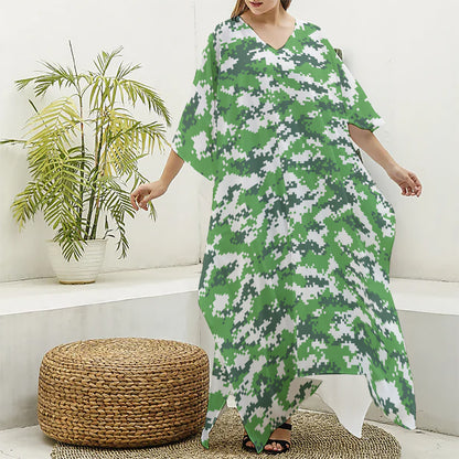 Green And White Digital Camo Print Silk V-Neck Kaftan Dress