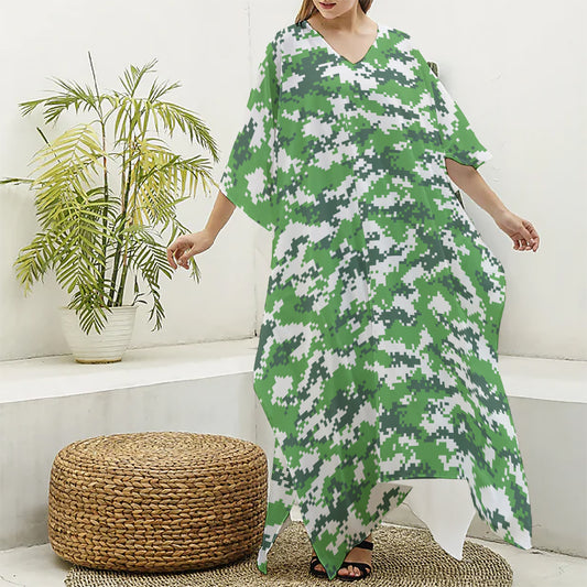 Green And White Digital Camo Print Silk V-Neck Kaftan Dress