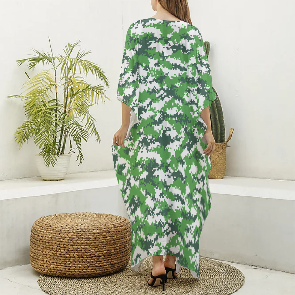 Green And White Digital Camo Print Silk V-Neck Kaftan Dress
