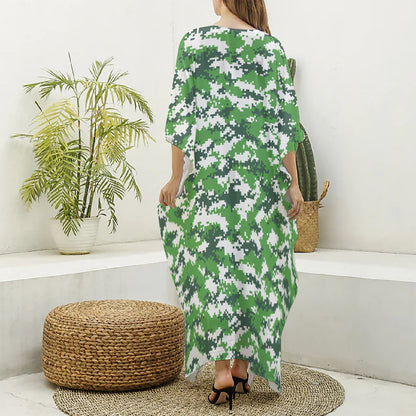 Green And White Digital Camo Print Silk V-Neck Kaftan Dress
