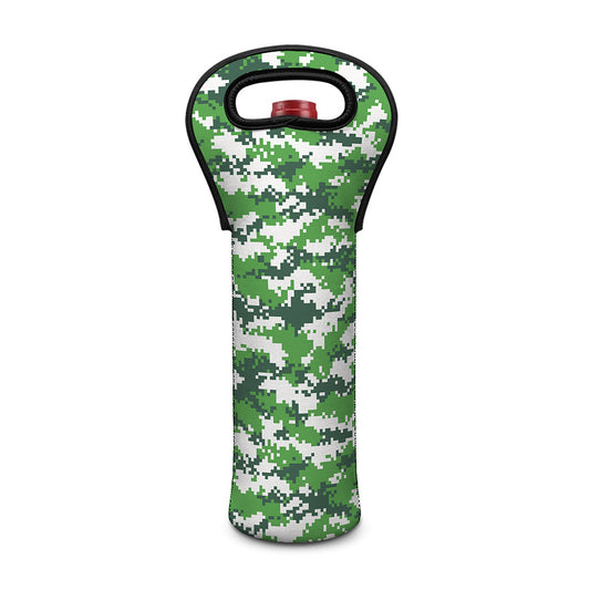 Green And White Digital Camo Print Single Neoprene Wine Tote