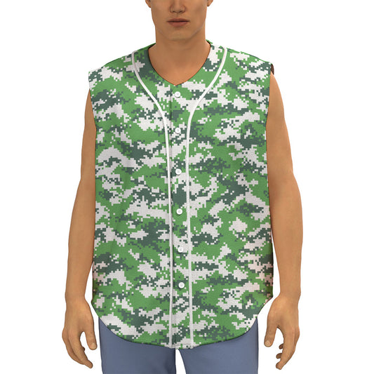 Green And White Digital Camo Print Sleeveless Baseball Jersey