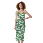 Green And White Digital Camo Print Slim Fit Midi Cami Dress