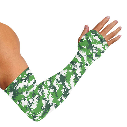 Green And White Digital Camo Print Sun Protection Arm Sleeves