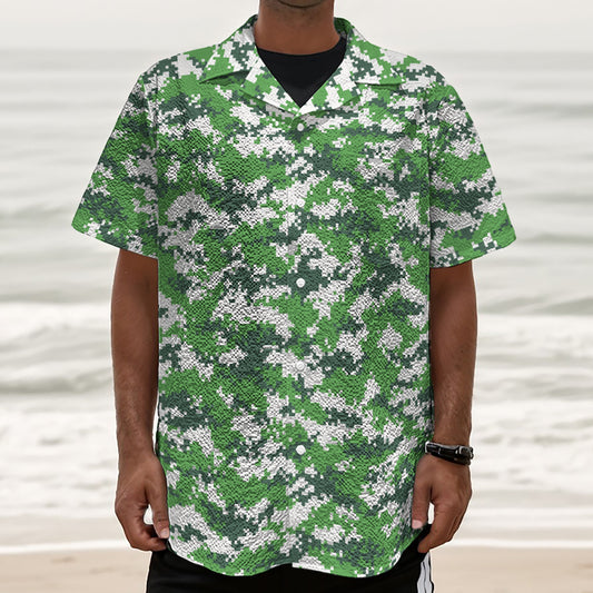 Green And White Digital Camo Print Textured Short Sleeve Shirt