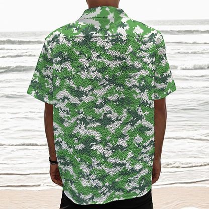 Green And White Digital Camo Print Textured Short Sleeve Shirt